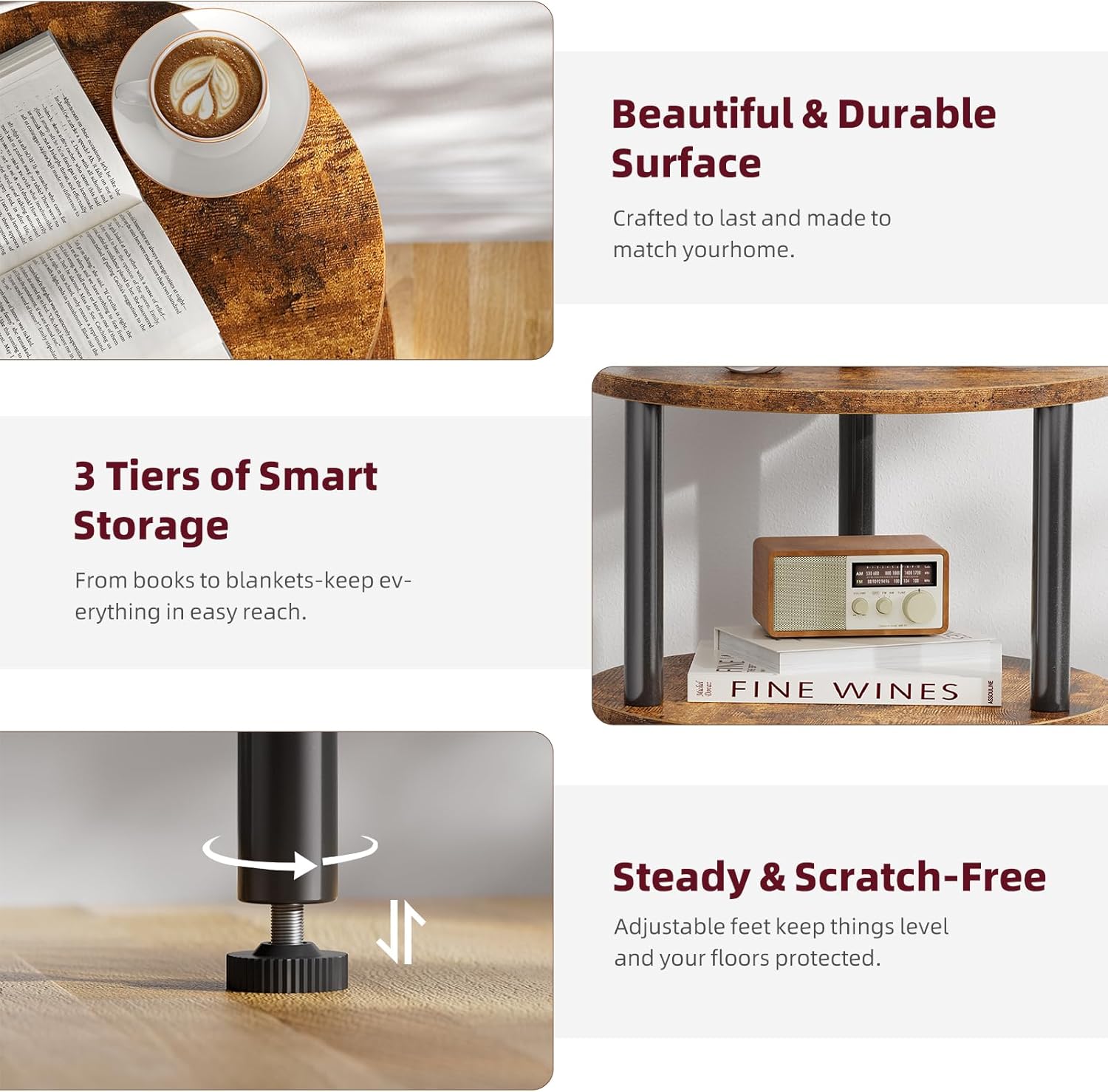 Simple Trending Side Table Living Room, Small Round End Table, 3 Tiers Accent Table for Small Spaces, Rustic Brown