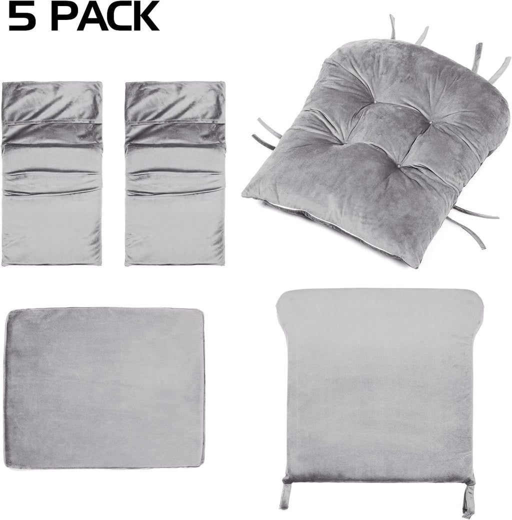 5PCS Glider Rocker Replacement Cushions Set with Ottoman Cushion | Glider Rocking Chair Pads with Side Storage Pockets, Velvet Fabric, Washable & Non Slip, for Indoor Nursery, Grey