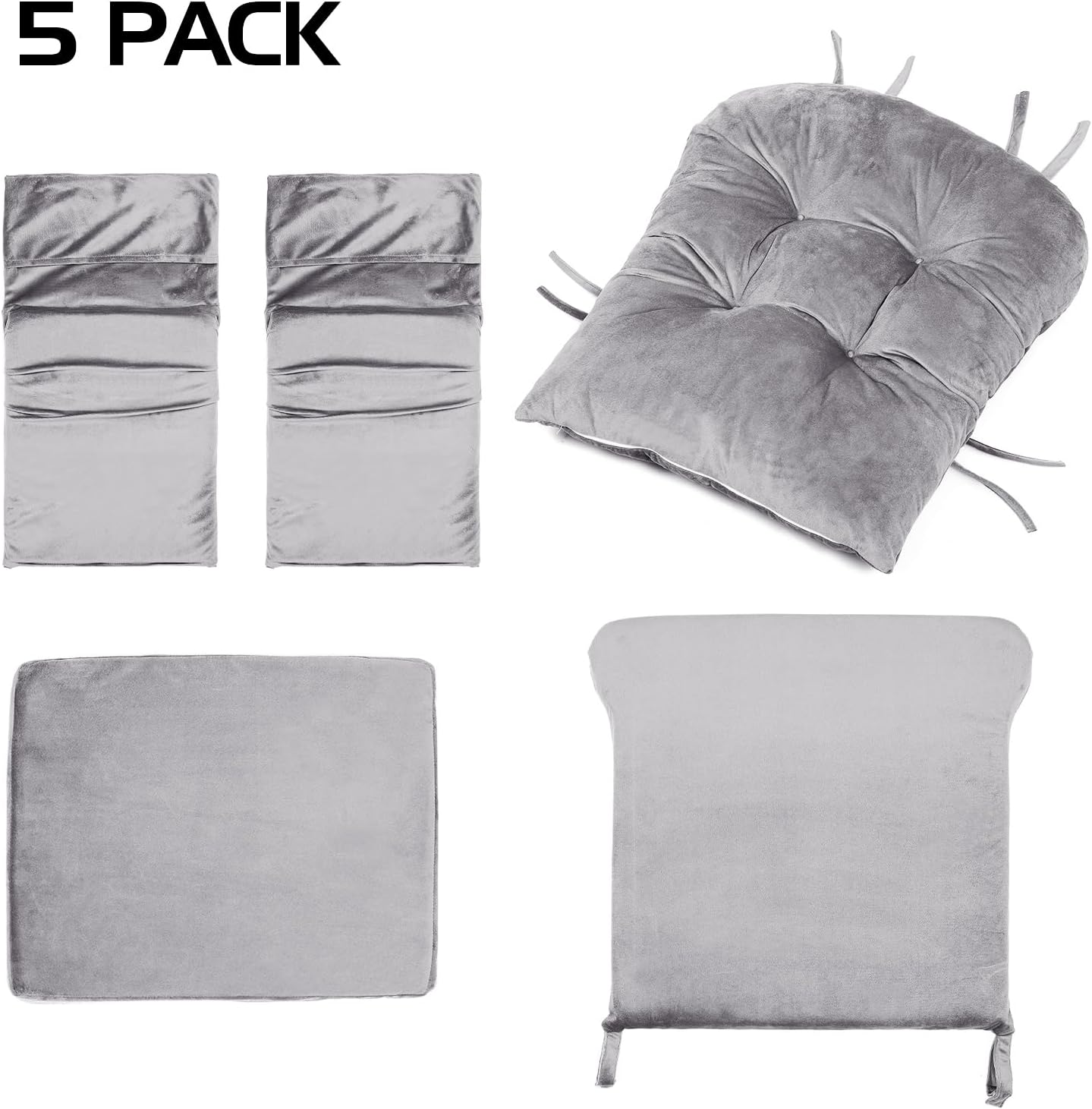 5PCS Glider Rocker Replacement Cushions Set with Ottoman Cushion | Glider Rocking Chair Pads with Side Storage Pockets, Velvet Fabric, Washable & Non Slip, for Indoor Nursery, Grey
