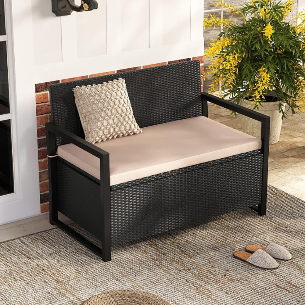 Gecheer Outdoor Storage Bench, Wicker Loveseat with 40 Gallon Storage Space, PE Rattan Patio Seat with Cushion for Backyard, Porch, Balcony