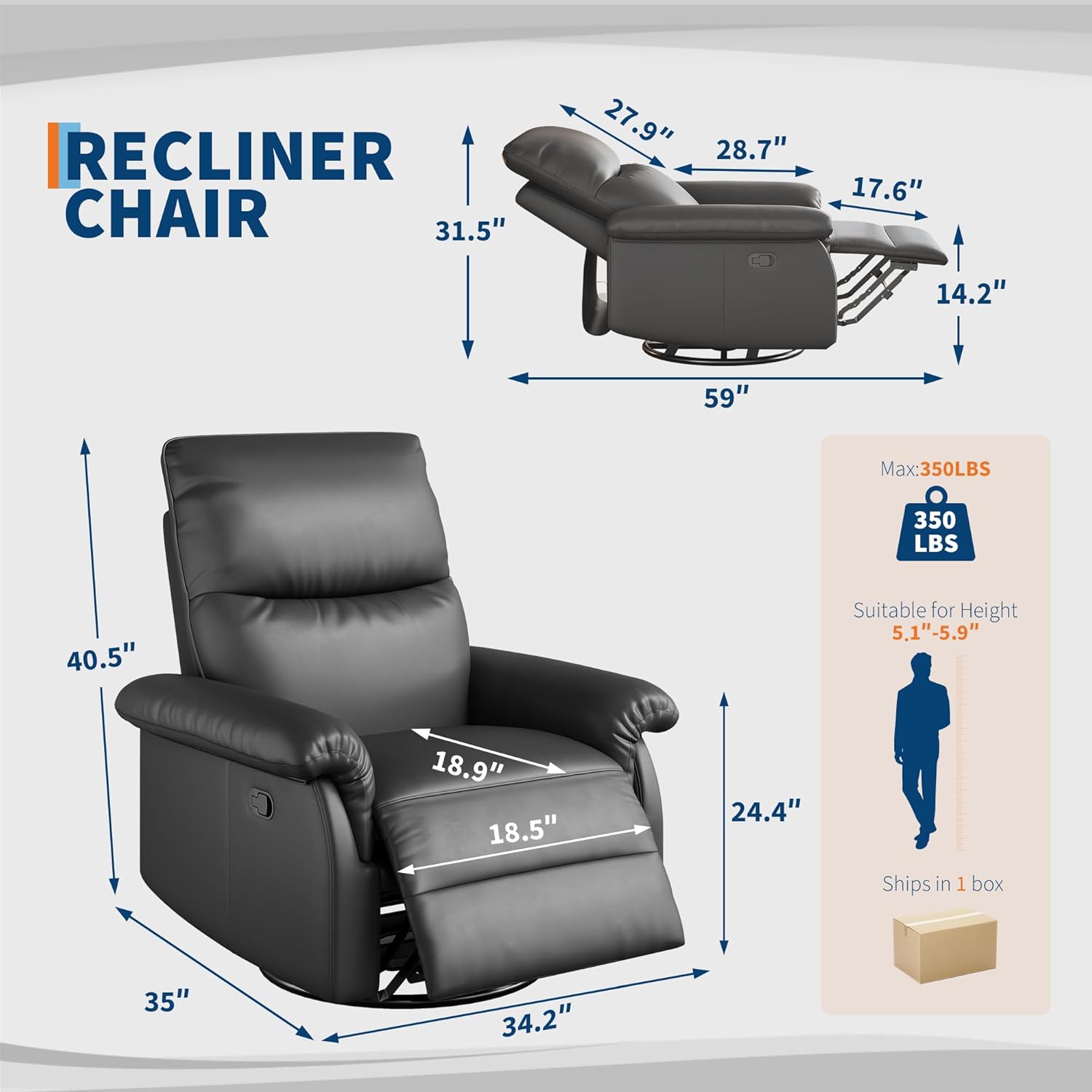 GAOMON Swivel Rocking Recliner Chair, Manual Leather Recliner Glider with Lumbar Support & Padded Armrest, Comfortable Rocker Nursery Single Sofa for Living Room and Bedroom (Black)