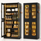 Cyclysio 67" LED Kitchen Pantry Cabinet with 6 Adjustable Shelves, Tempered Glass Doors, Built-in Color-Changing LED, Large Storage Cupboard for Kitchen, Dining, Living Room, and Bathroom, Black