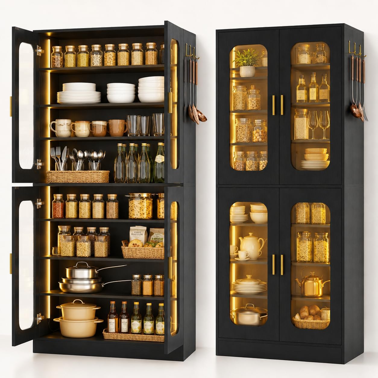 Cyclysio 67" LED Kitchen Pantry Cabinet with 6 Adjustable Shelves, Tempered Glass Doors, Built-in Color-Changing LED, Large Storage Cupboard for Kitchen, Dining, Living Room, and Bathroom, Black