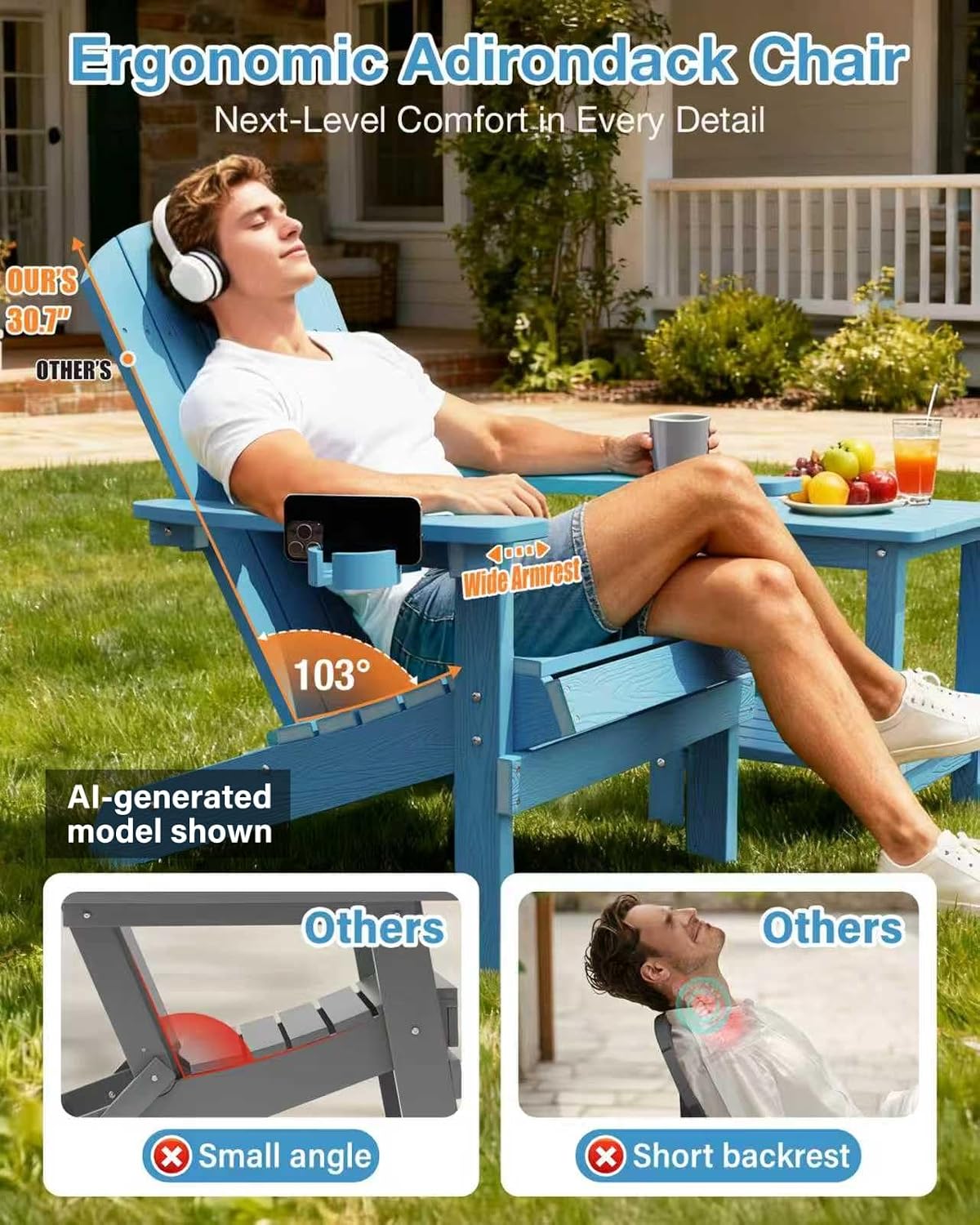 YEFU Adirondack Chair Weather Resistant: Outdoor Chair HIPS Plastic Adirondack Chairs - Patio Chairs with Cup Holder & Wood Texture - Lawn Fire Pit Deck Porch Garden Chairs for Adults (Blue)