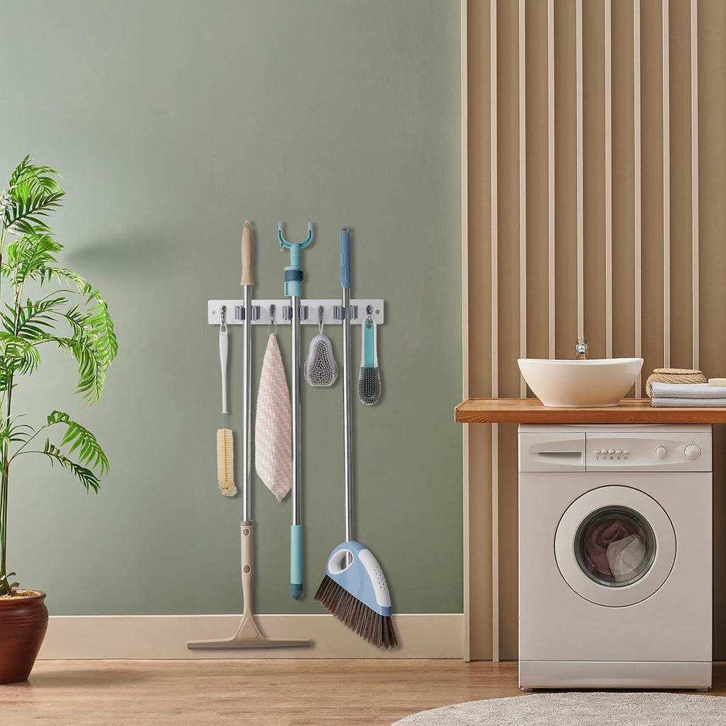 OUTNILI White Mop Broom Holder Wall Mount with 3 Slots & 4 Hooks - Wood Broom Mop Hanger for Pantry Kitchen Organization - Garden Tool Organizer for Closet Laundry Room