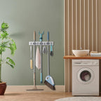 OUTNILI White Mop Broom Holder Wall Mount with 3 Slots & 4 Hooks - Wood Broom Mop Hanger for Pantry Kitchen Organization - Garden Tool Organizer for Closet Laundry Room