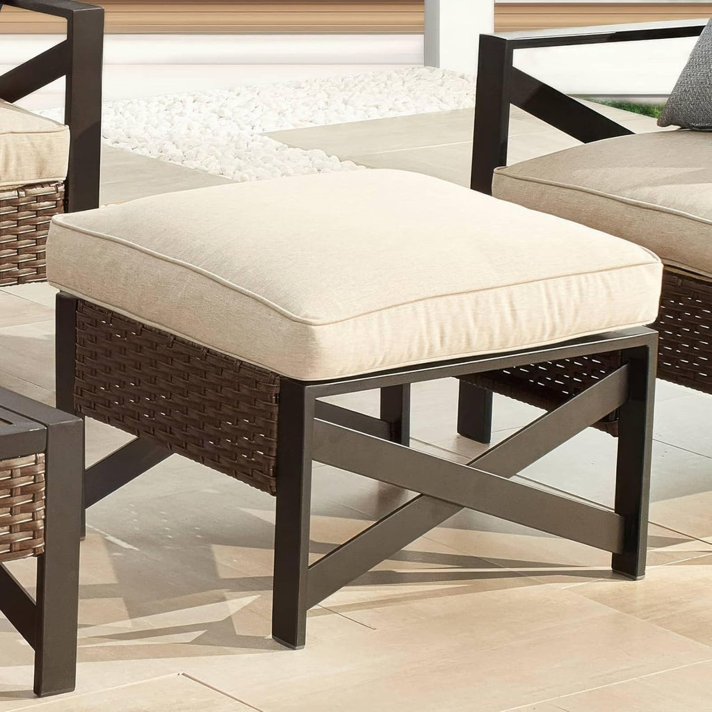 Outdoor Cushioned Ottoman Square Wicker Patio Furniture Ottoman with Beige Cushion Metal Steel Frame