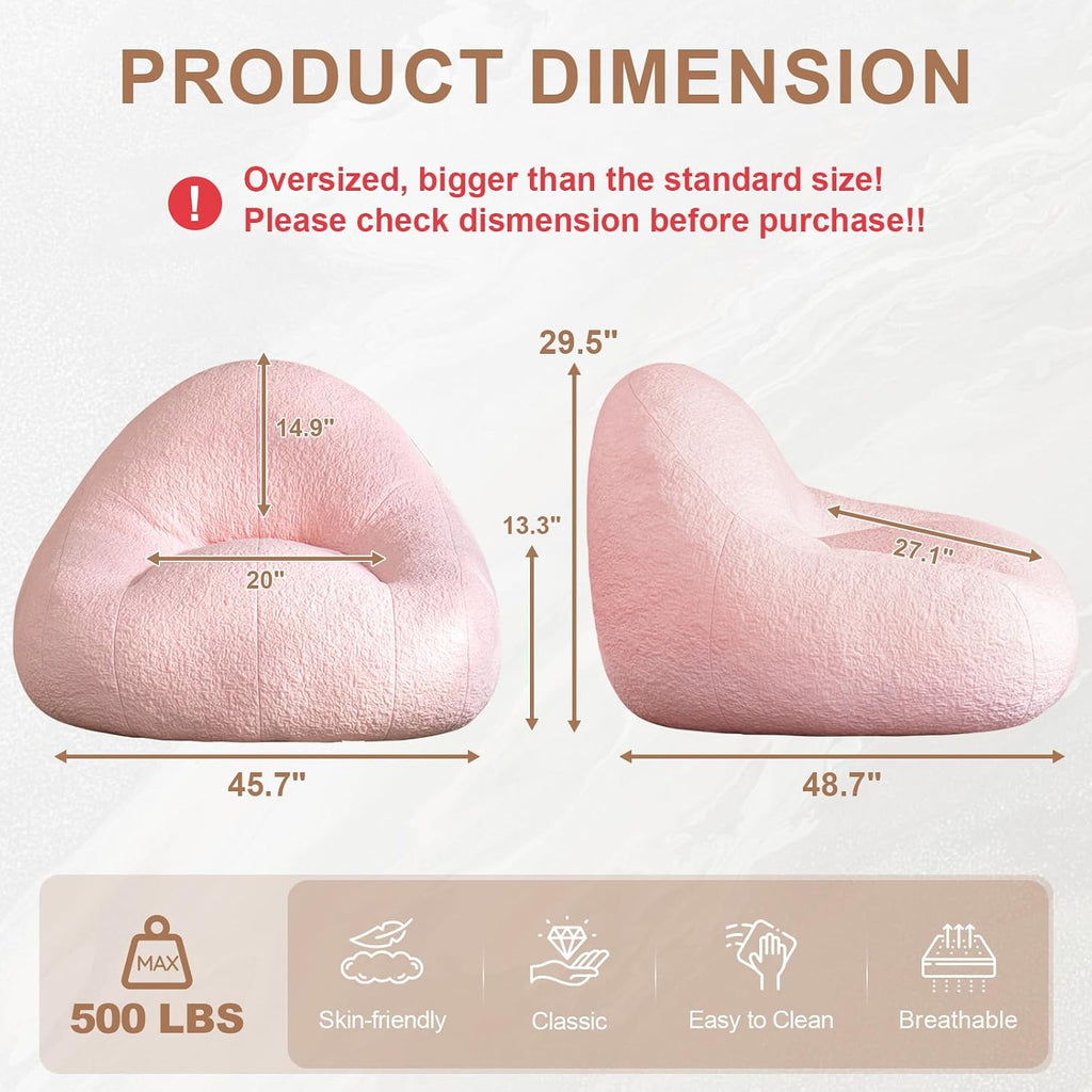 4FT Large Bean Bag Chair for Adults - Big Boneless Floor Chair with Foam Filling, Oversized Bean Bag Sofa for Reading and Gaming in Bedroom, Living Room, Dorm, Pink