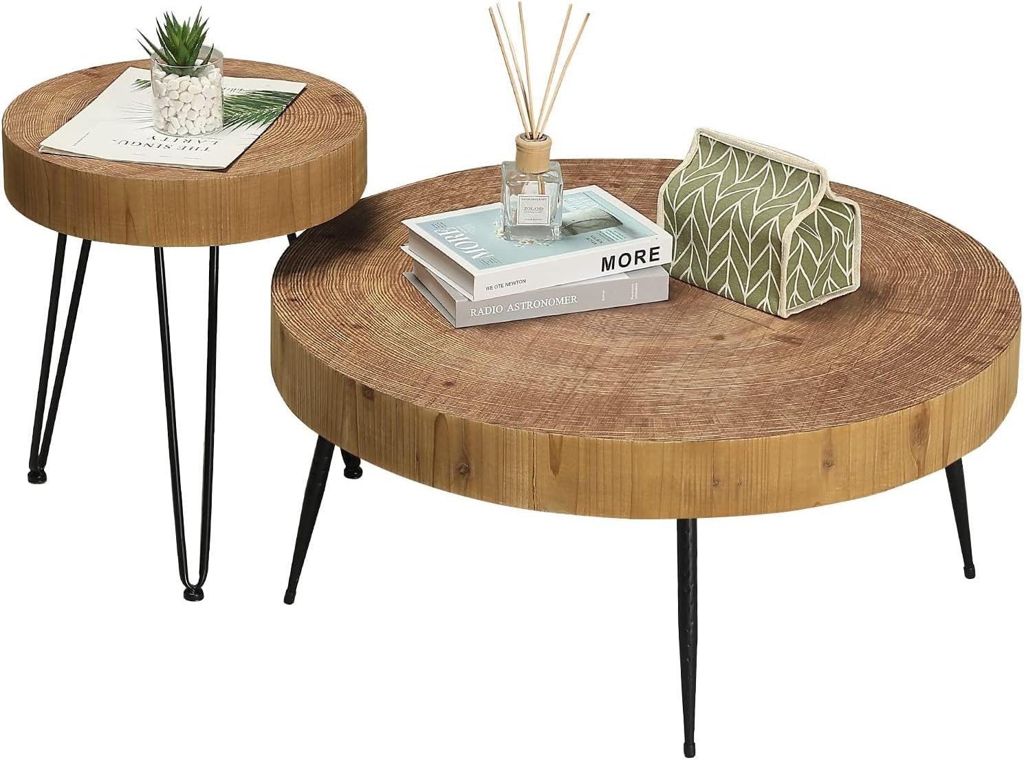 RUSTOWN Farmhouse Round Coffee Table Set of 2, Cocktail Table Set, Modern Circle Natural Wood Finsh Side and End Table Sets for Living Room(Planar, Natural)