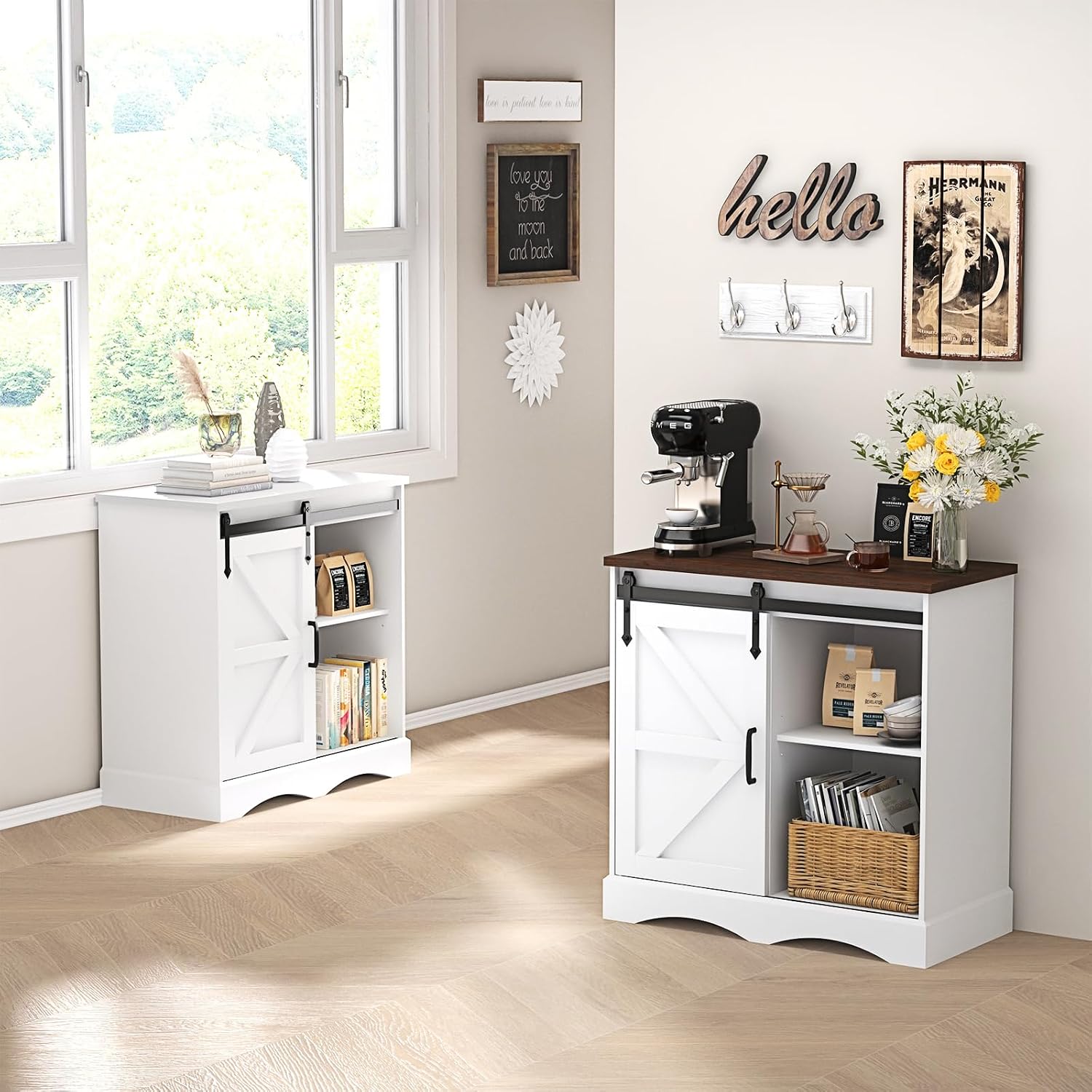 HOMFAMILIA 31.5" H Farmhouse Coffee Bar Cabinet w/Storage, White Kitchen Coffee Station with Sliding Barn Door, Rustic Buffet Cabinet with Adjustable Shelves, for Kitchen, Living Room, White