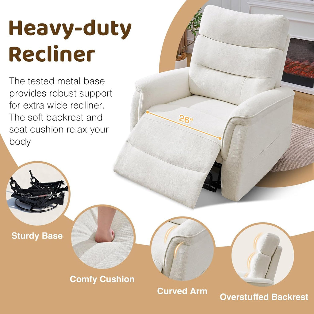 Oversized Swivel Rocker Recliner, 26'' Extra Wide Rocking Recliner Nursery Chair, Manual Swivel Recliner for Nursery, Reclining Rocking for Living Room, Cream White