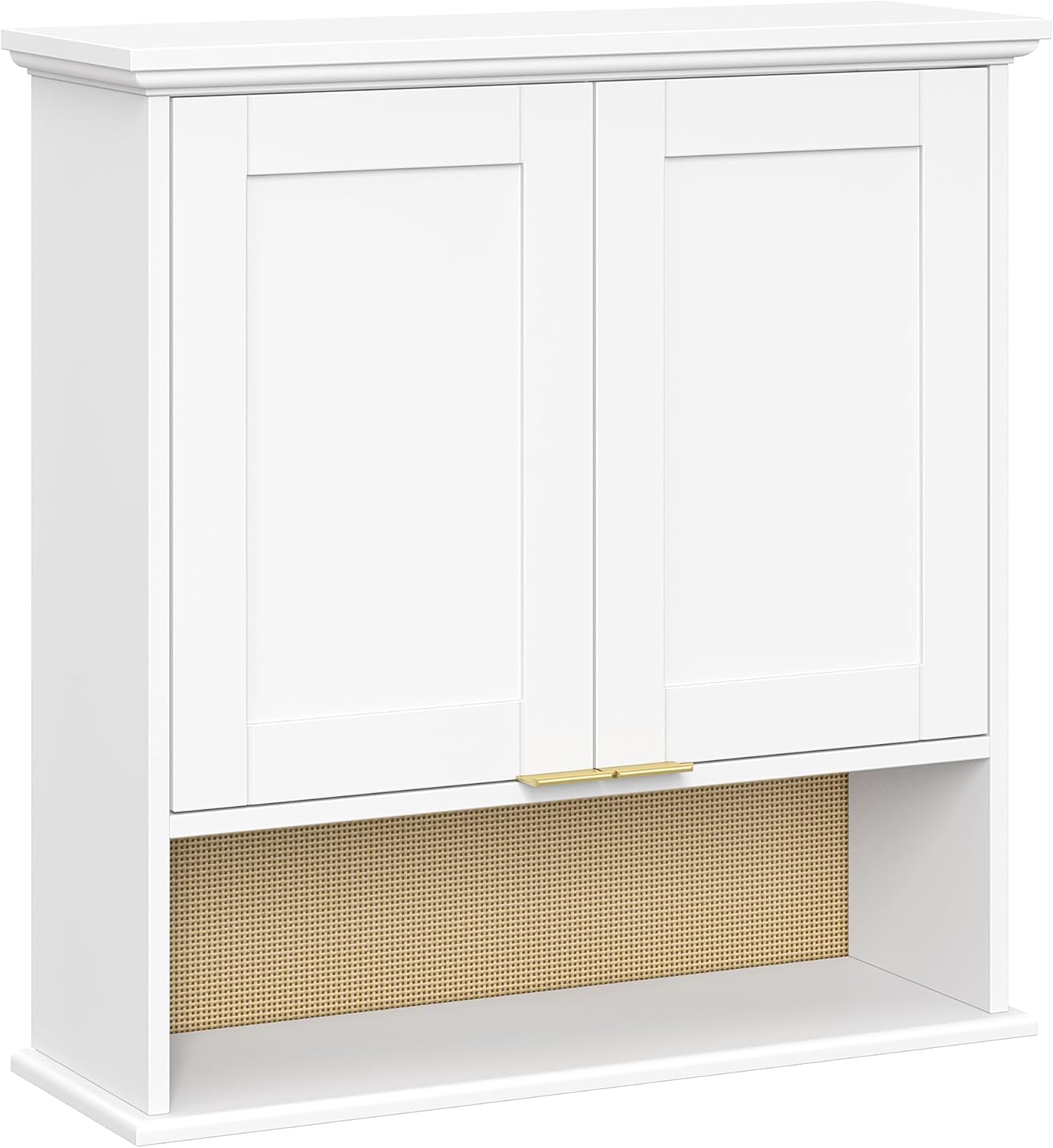 RiverRidge Two-Door Kitchen Storage Wall Cabinet with Woven Rattan Backboard, Soft-Close Hinges, and Adjustable Shelving Wall-Mounted Pantry Cabinet with - White