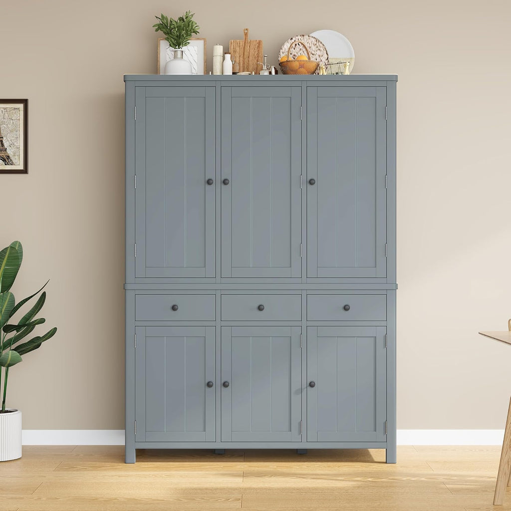 Merax 74.8'' Tall Kitchen Pantry Storage Cabinet with 6 Doors, 3 Drawers and Adjustable Shelves, Freestanding Large Cupboard & Pull-Out Trays for Kitchen, Dining Room, Living Room, Gray