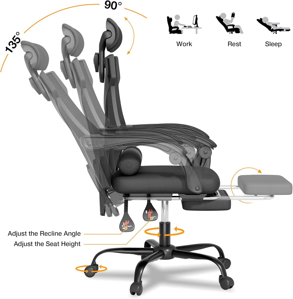 Mr IRONSTONE Mesh Office Chair with Footrest, High Back Reclining Desk Chair with Adjustable Headrest, Comfortable Task Chair for Home Office, Black