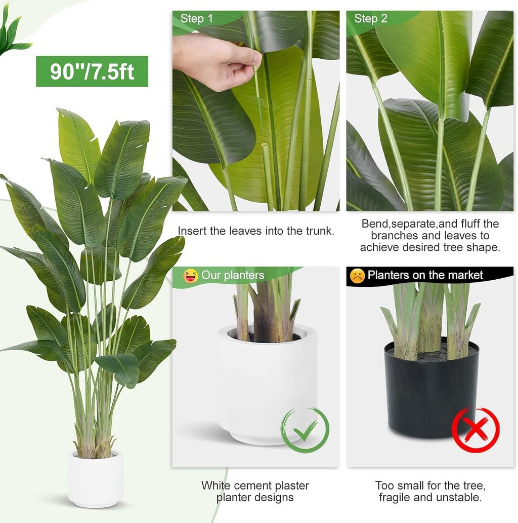 Artificial Bird of Paradise Plant 7.5Ft Tall Fake Tropical Palm Tree Large Fake Plants with 18 Silk Banana Leaves Faux Plant Indoor Decor Trees White Pot for Home Bedroom Living Room Office