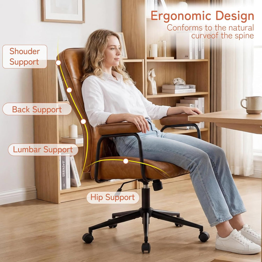 Furniliving Leather Office Chair, Comfy Home Office Desk Chair, Mid Century Modern Office Chair with Lumbar Support, Mid-Back Adjustable Swivel Computer Chair with Wheels and Arms, Brown