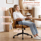 Furniliving Leather Office Chair, Comfy Home Office Desk Chair, Mid Century Modern Office Chair with Lumbar Support, Mid-Back Adjustable Swivel Computer Chair with Wheels and Arms, Brown