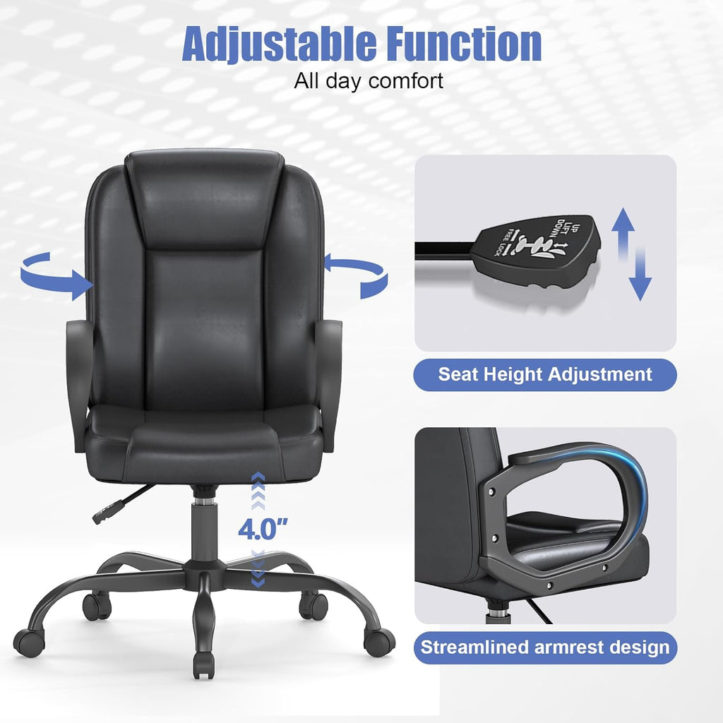 Executive Office Chair, Leather Desk Computer Chair with Armrests, Mid-Back Swivel Adjustable Ergonomic Design for Home Office, 10PC, Black