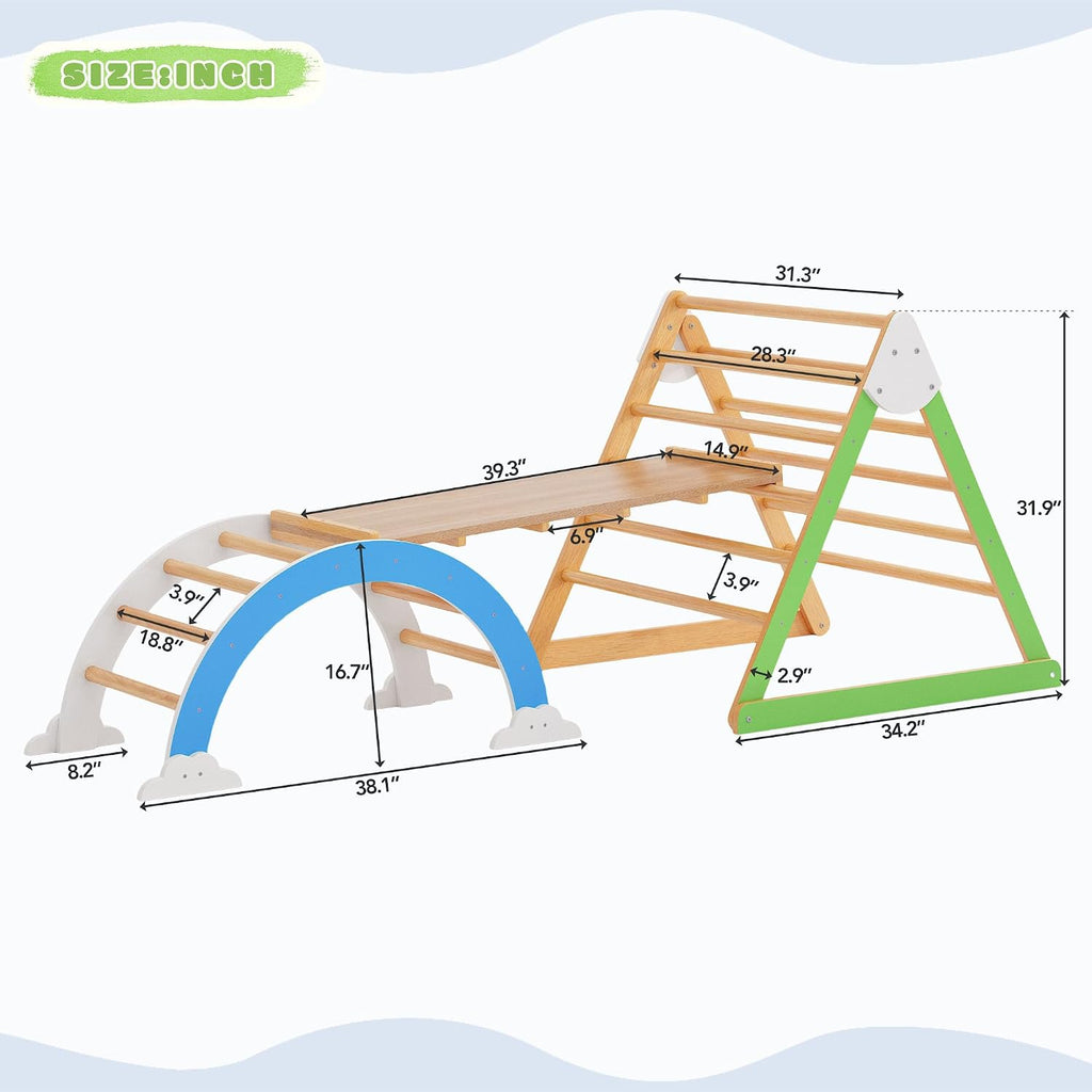 Wooden Climbing Triangle Toys Indoor Arc Climber Jungle with Ramp and Arch Toy Rocker, Reversible Multifunction Playset Natural Wood Playground BD269