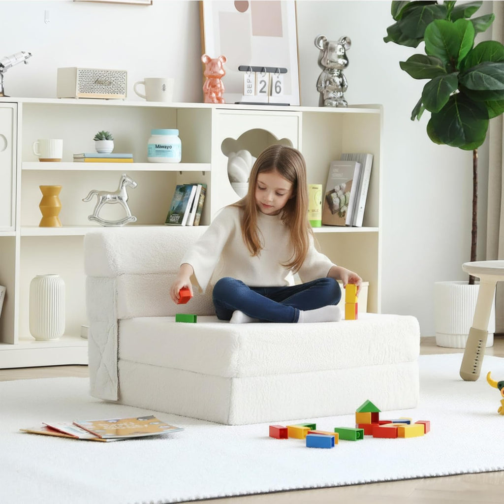 Tiita Convertible Folding Kids Sofa Bed with Pillow & Storage Bag, Plush Fabric Floor Mattress Couch Bed, Washable Cover, Kids Room, Playroom, Dorm, Apartment, Beige