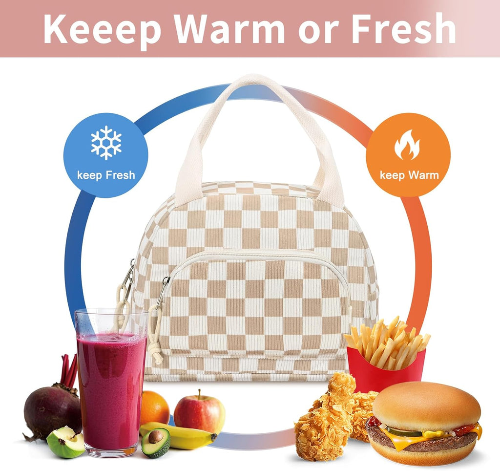 Lunch Bag Women Lunch Box for Women Adult Cute Insulated Lunch Bag Small Cooler Lunch Tote Bags for Work Picnic Travel (Beige-Brown Plaid)