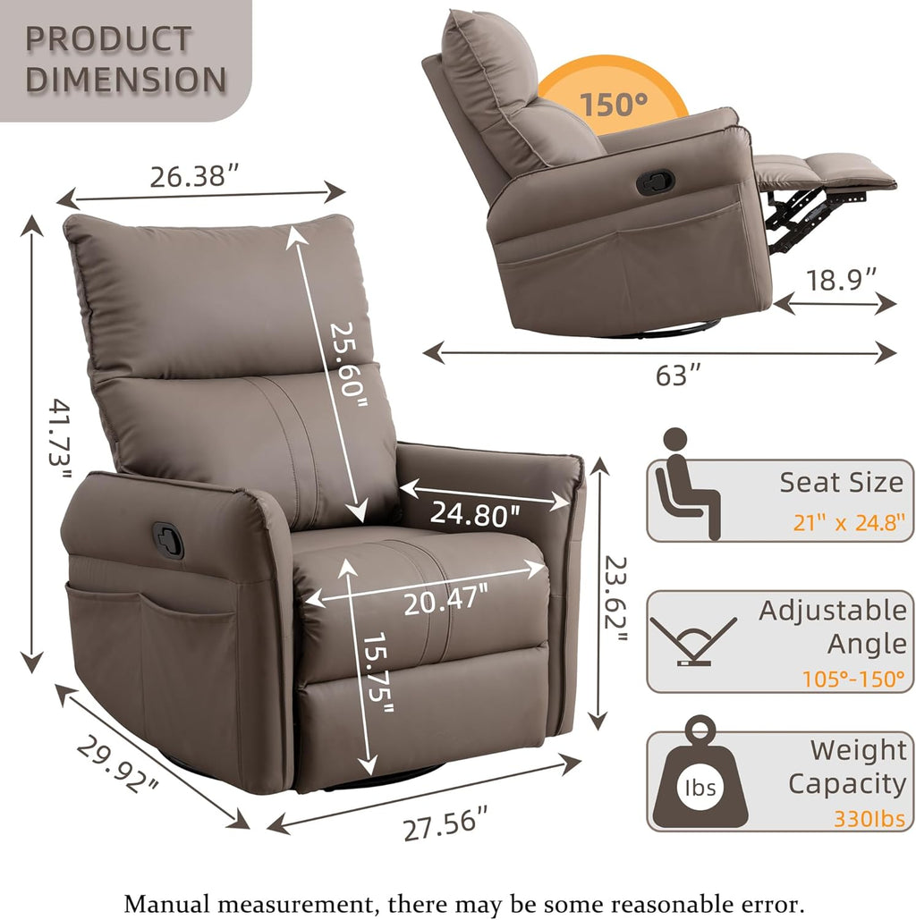 Swivel Rocker Recliner Chair, Upholstered 360° Fabric Leather Glider Rocker Chair for Nursery, Manual Small Recliners for Small Spaces Living Room Weight Capacity 300lbs