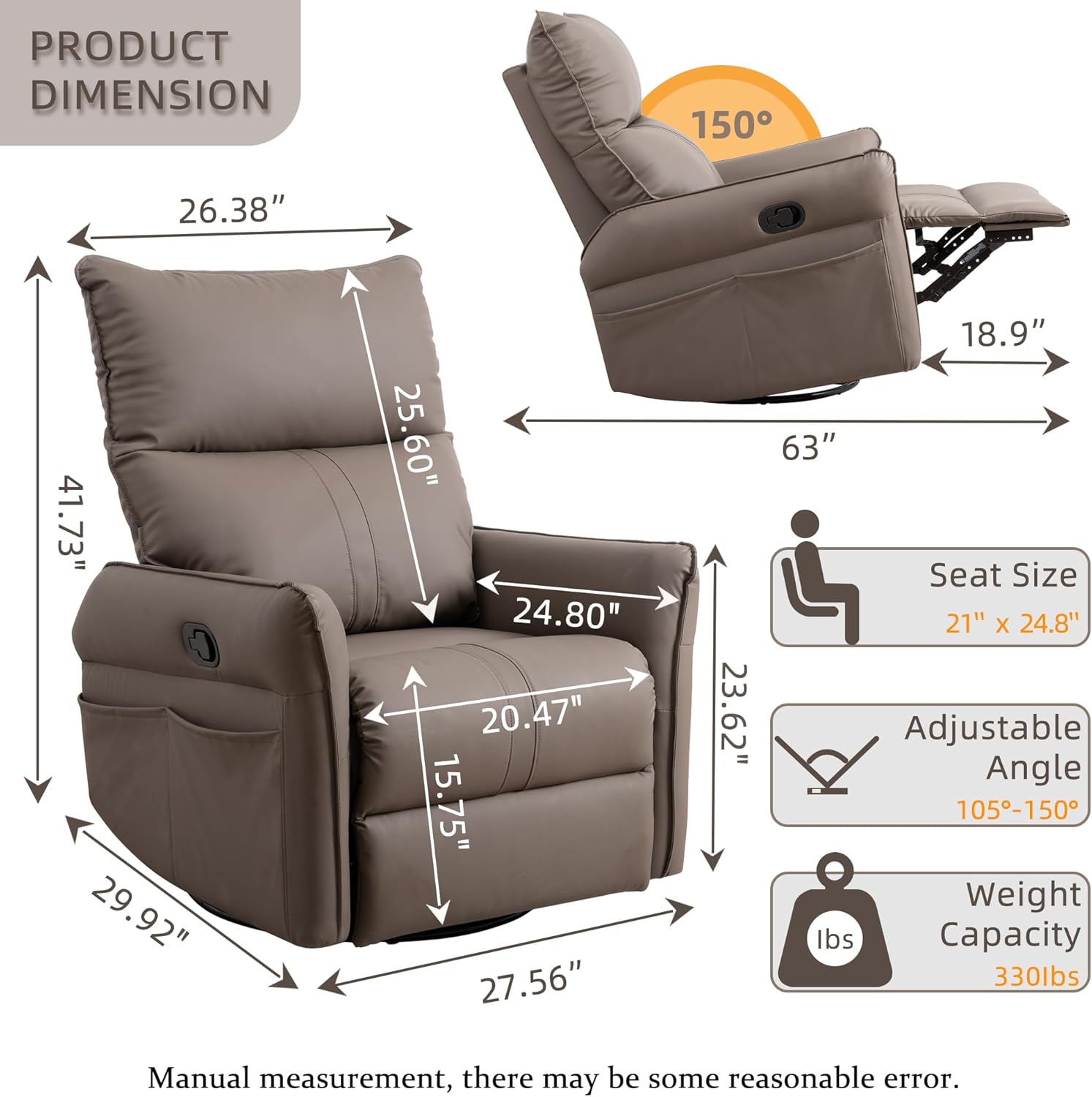 Swivel Rocker Recliner Chair, Upholstered 360° Fabric Leather Glider Rocker Chair for Nursery, Manual Small Recliners for Small Spaces Living Room Weight Capacity 300lbs