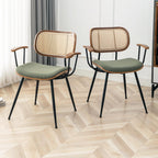 Rattan Dining Room Chairs Set of 4,Mid Century Modern Kitchen Side Chair,Metal Legs Desk Chair,Green Corduroy Fabric Upholstered Accent Chair with Arms and Rattan Backrest