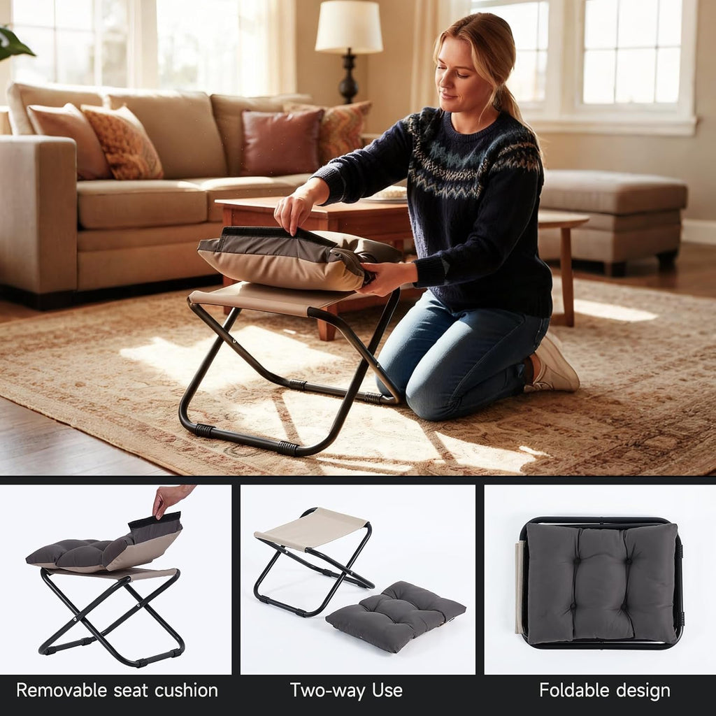Welnow Folding Foot Stool, Upholstered Small Accent Ottoman with Detachable Thick Cotton Cushion, Padded Sofa Stool with Straight Metal Legs for Lazy Chair, Living Room, Bedroom, Dark Grey