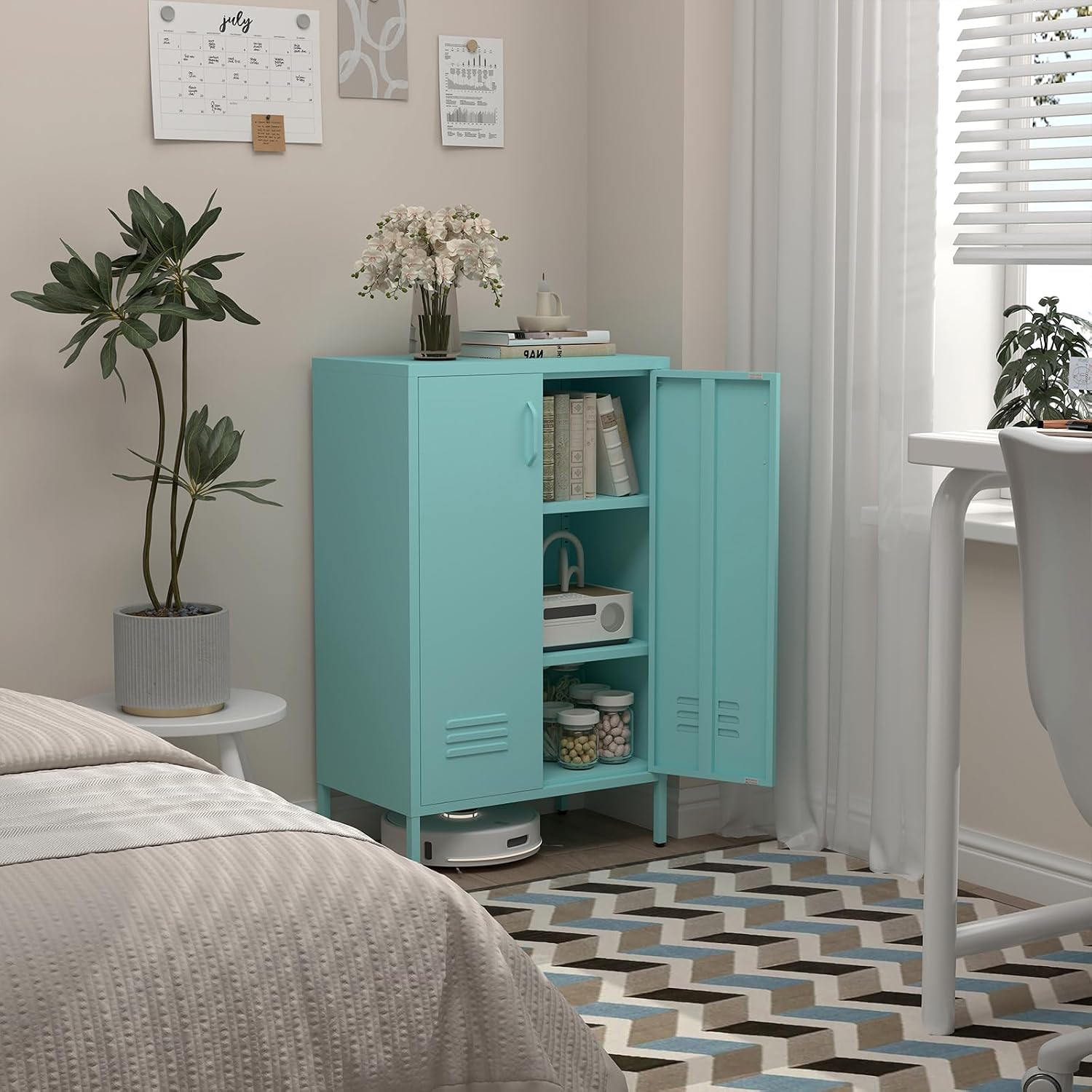 IRONFFICE Metal Accent Cabinet, Steel Cabinet Organizers and Storage, Metal Cabinet with Adjustable Shelves, 2 Doors Storage Cabinet for Hallway, Office, Blue