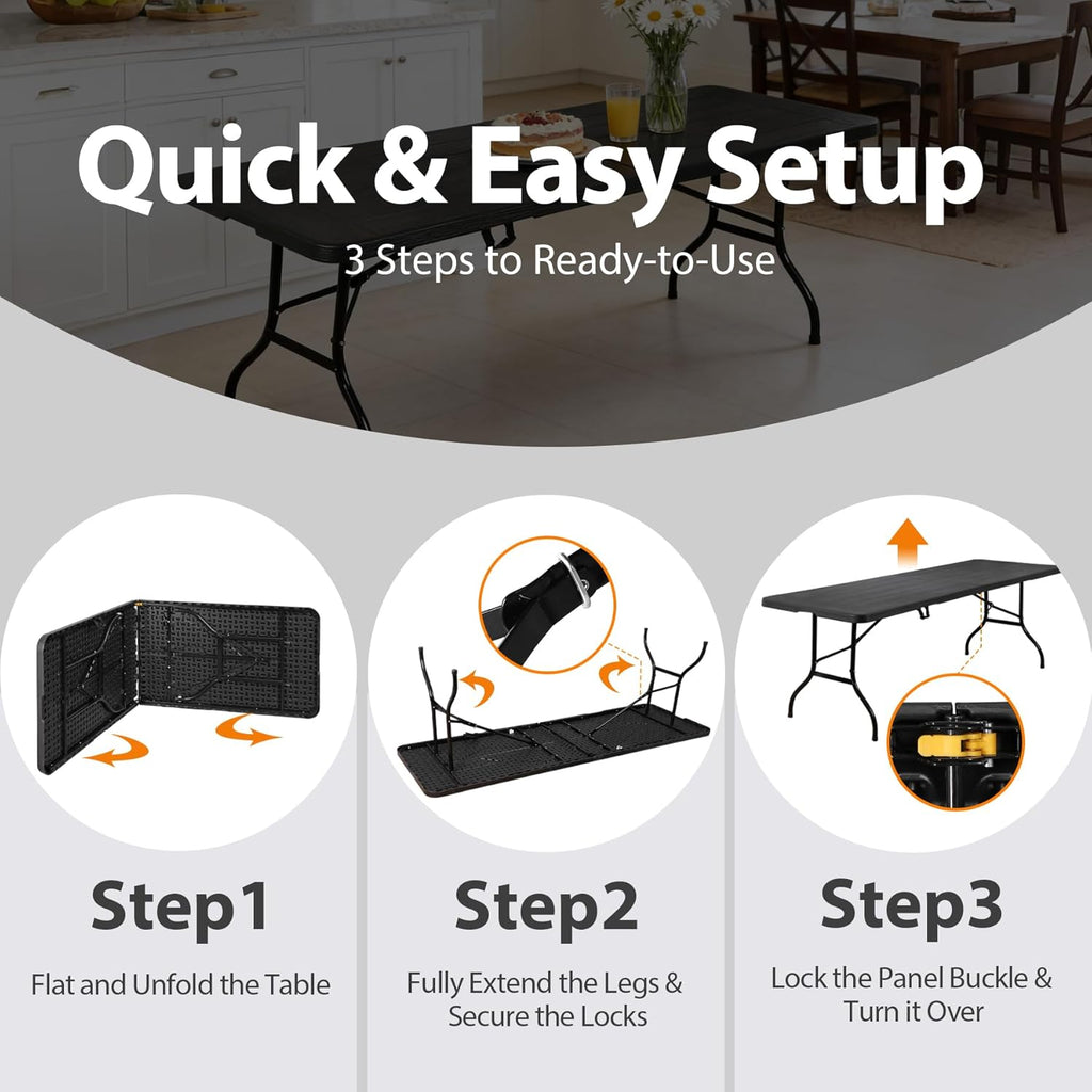 Folding Event Table, Heavy Duty Picnic Table Indoor Outdoor Camping, 8FT Portable w Handle Lock for Banquet, Black