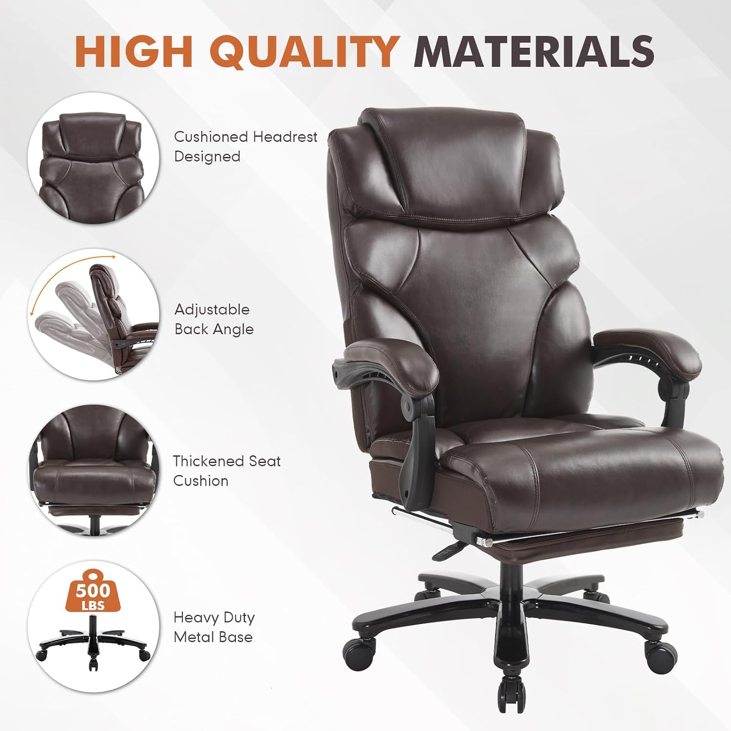 Heavy Duty Executive Office Chair, 500lbs Big and Tall Office Chair with Wide Seat, Reclining Ergonomic Desk Chair with Footrest PU Leather Computer Chair for Home Office, Red Brown