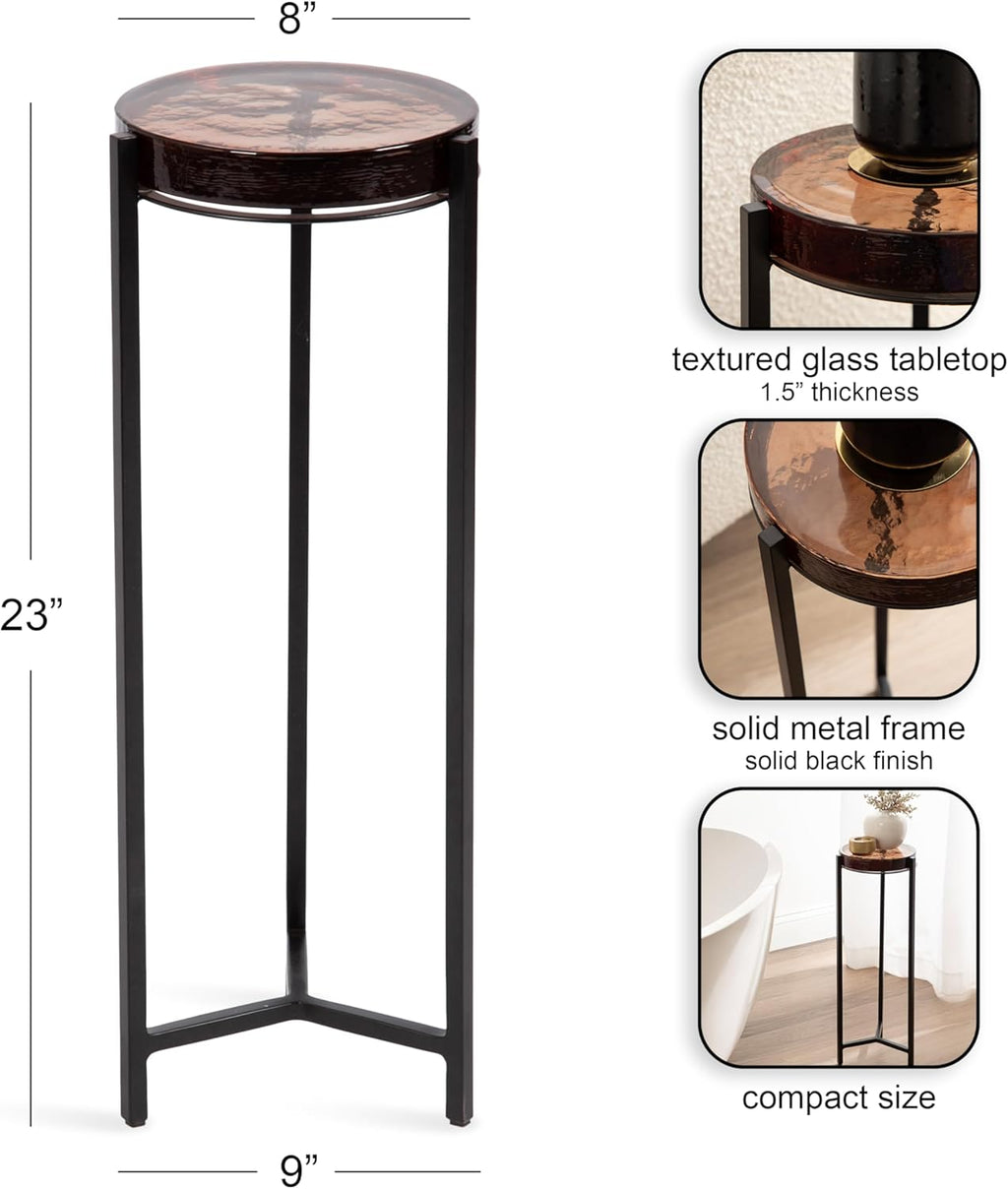 Kate and Laurel Aguilar Modern Drink Table, 9 x 9 x 23, Amber Glass and Black, Unique Round Glass Mini Table for Use as Bathroom Accent Table or Pedestal Martini Table