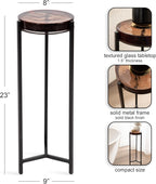 Kate and Laurel Aguilar Modern Drink Table, 9 x 9 x 23, Amber Glass and Black, Unique Round Glass Mini Table for Use as Bathroom Accent Table or Pedestal Martini Table