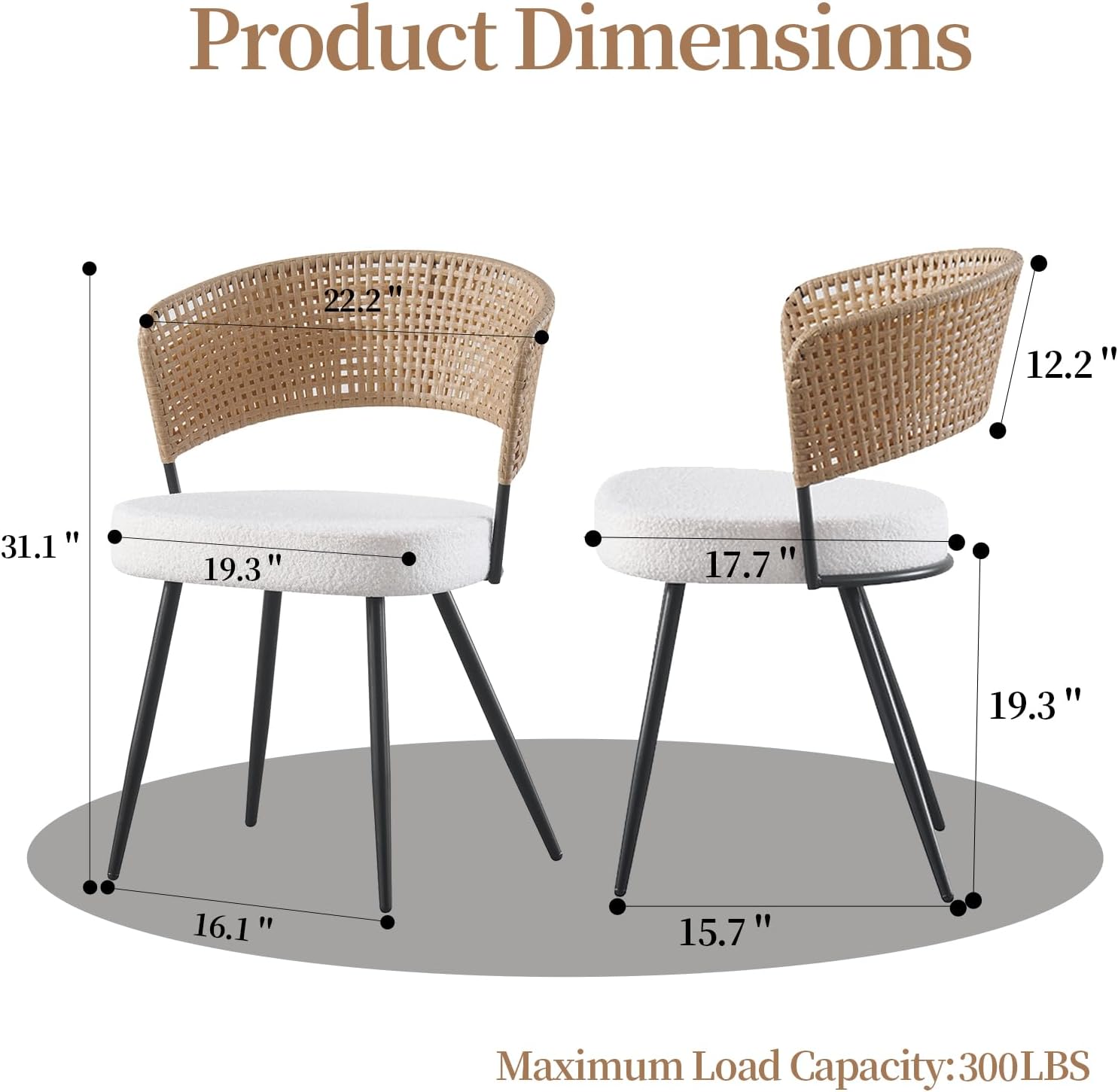 Rattan Dining Chairs Set of 4, Wing Back Dining Chairs Set of 4, PE Wicker Chairs, Cane Back Kitchen Chair with Boucle Cushion,Boucle Seat with Metal Legs for Kitchen, Bedroom