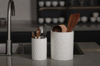 Docrin Ceramic Kitchen Utensil Holder 2 Pack - 6.8"+5.1" Inch Countertop Storage Organizer, Non-Slip Base, Easy to Clean, Elegant White Ceramic Utensil Crocks for Spatulas, Spoons, Cooking Gadgets