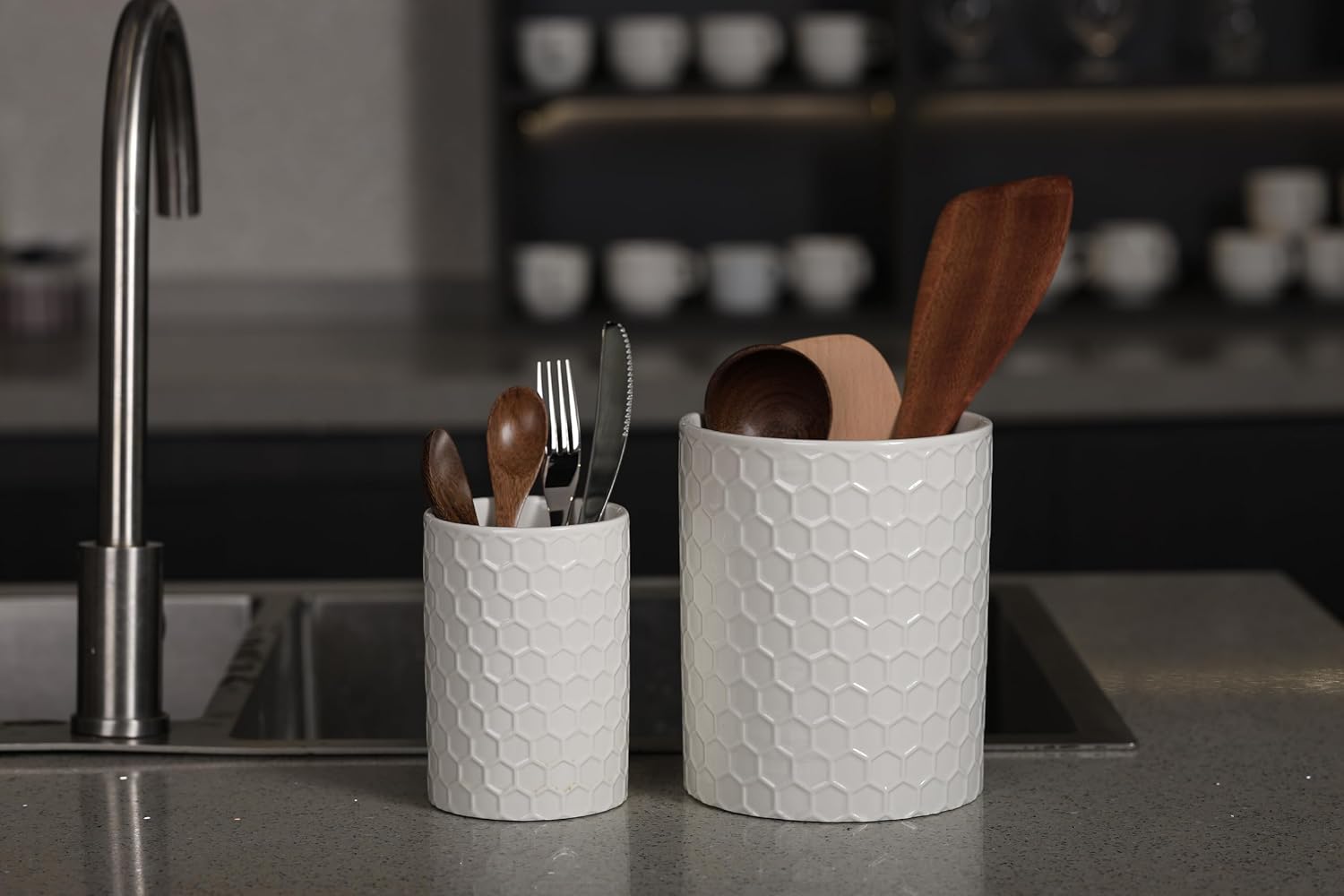 Docrin Ceramic Kitchen Utensil Holder 2 Pack - 6.8"+5.1" Inch Countertop Storage Organizer, Non-Slip Base, Easy to Clean, Elegant White Ceramic Utensil Crocks for Spatulas, Spoons, Cooking Gadgets