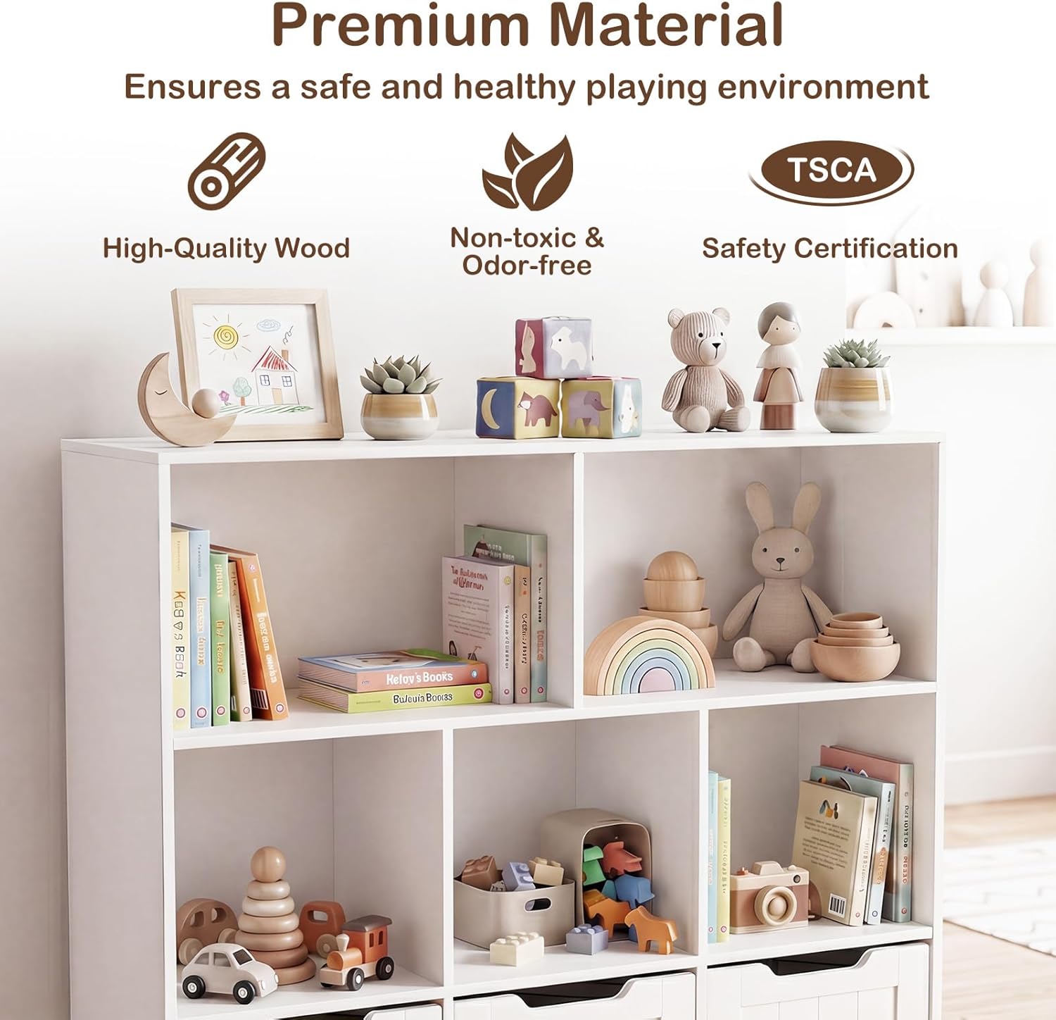 Olakids Toy Storage Organizer, Wooden Kids Bookshelf with Hidden Wheels 3 Movable Drawers 5 Open Cubbies, Large Toddler Chest for Playroom Classroom