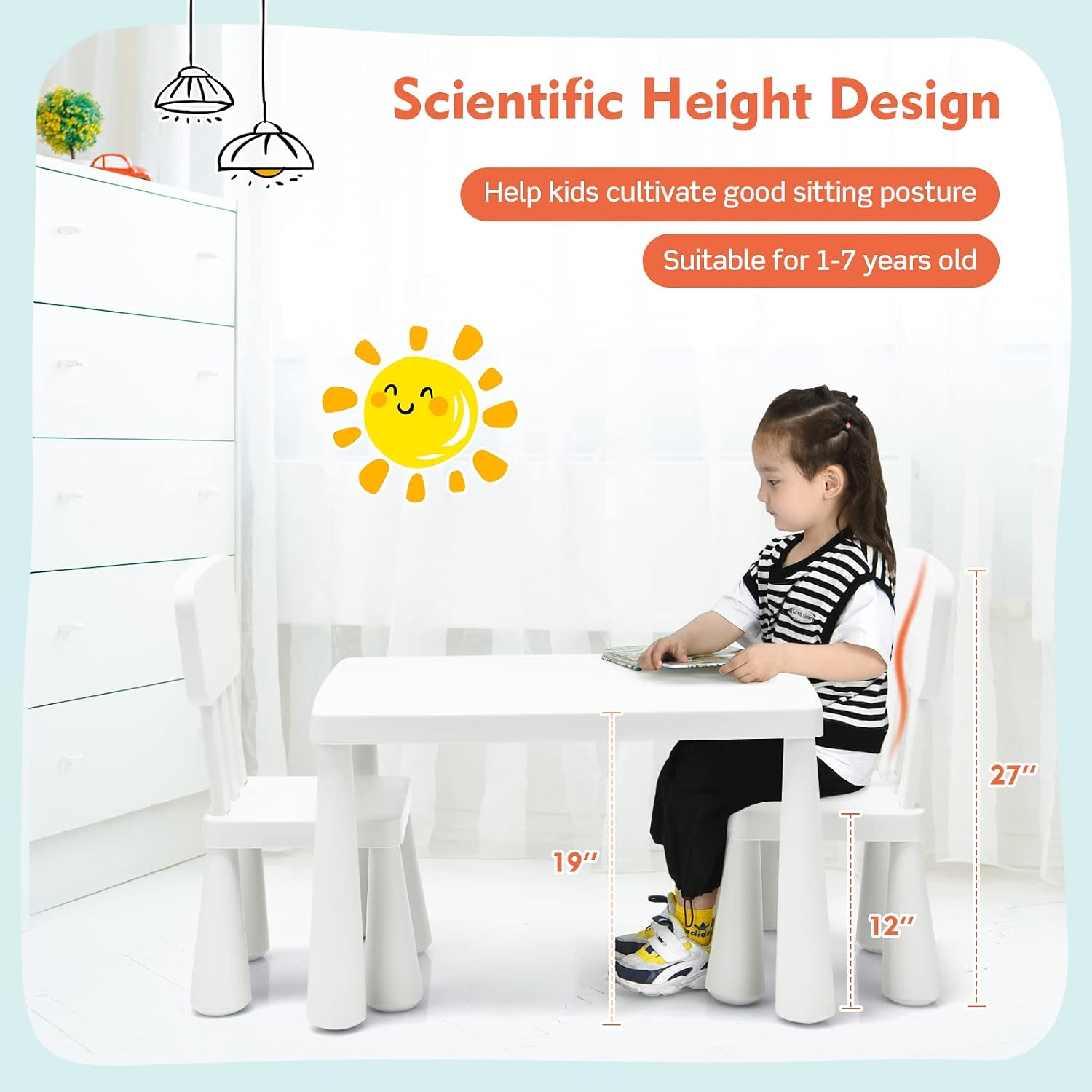 Toddler Table and Chair Set, Plastic Kid Activity Table & 2 Chairs, 3-Piece Children Playroom Furniture Set for Reading, Writing & Painting, Kids Table and Chair Set for Age 3-7 (White)
