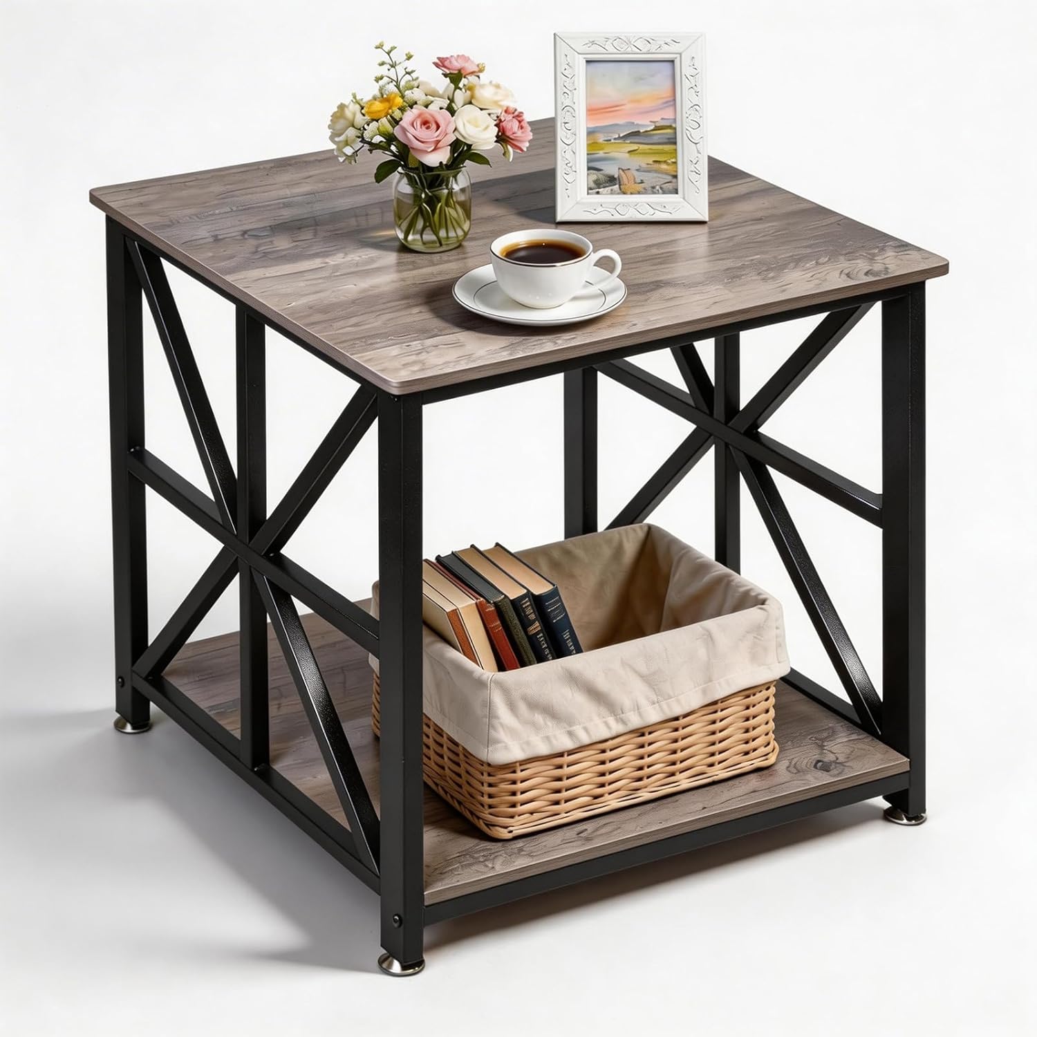 TooCust Square End Table with Storage Shelf, 24 inch Large Side Table with Rounded Corners, 2-Tier End Table Living Room, Upgraded X-Shaped Night Stand for Bedroom, Farmhouse Wood Table, Grey Wash