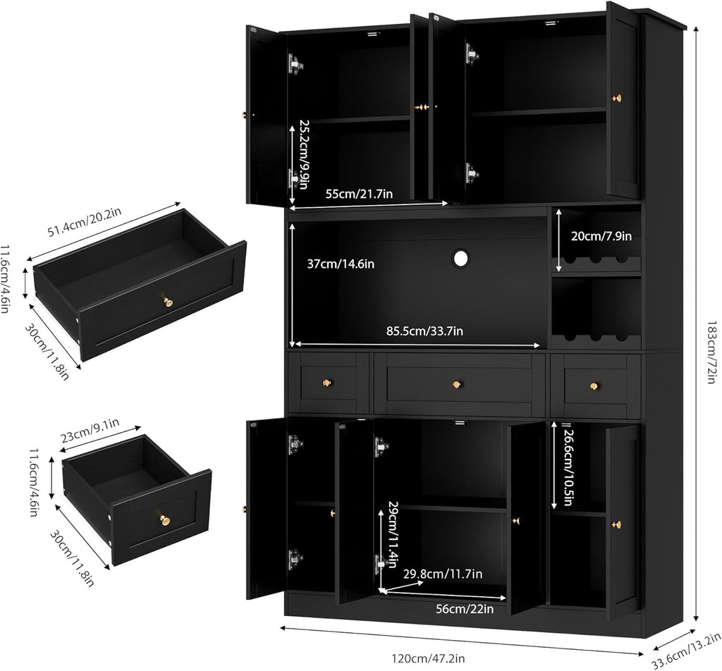 BOTLOG 72" Tall Black Pantry Cabinet, Kitchen Hutch with Wine Rack, Microwave Stand, Buffet Cabinet with Hutch for Dining Room Kitchen, Home Bar Black