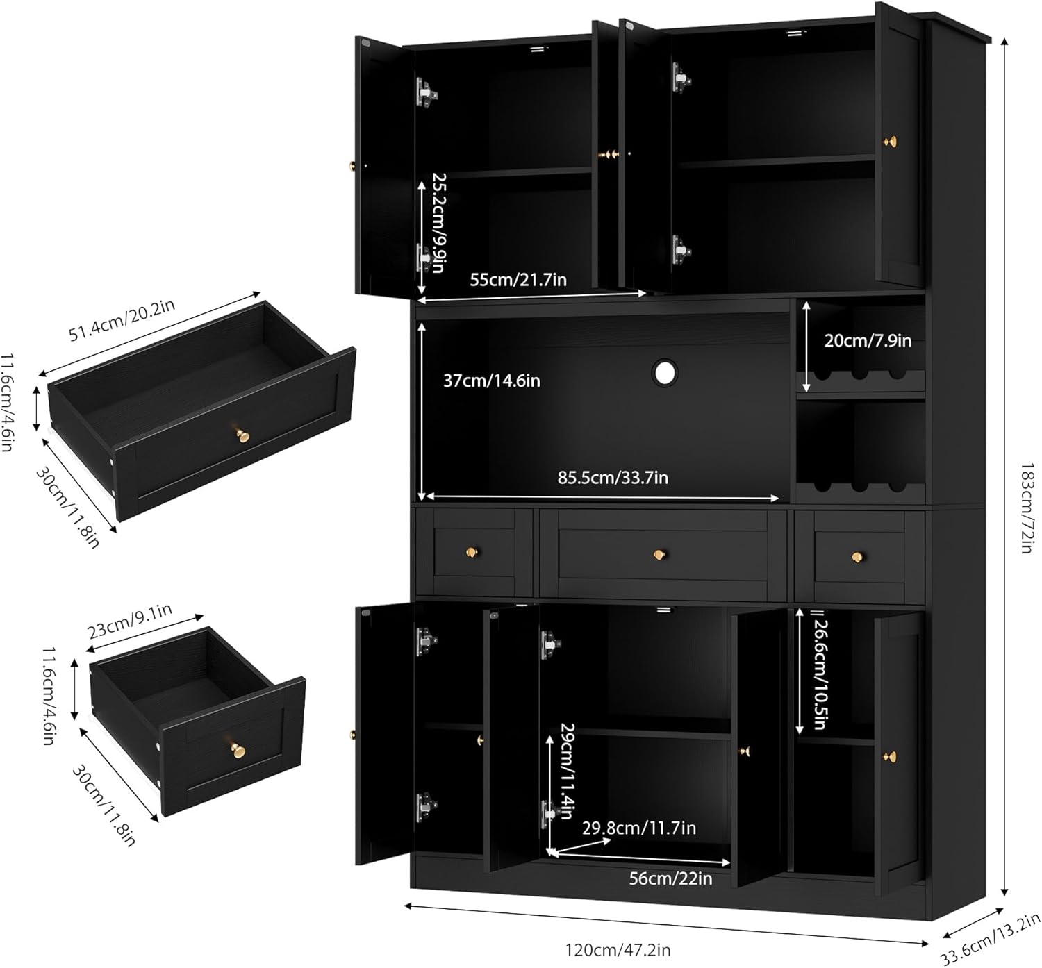 BOTLOG 72" Tall Black Pantry Cabinet, Kitchen Hutch with Wine Rack, Microwave Stand, Buffet Cabinet with Hutch for Dining Room Kitchen, Home Bar Black