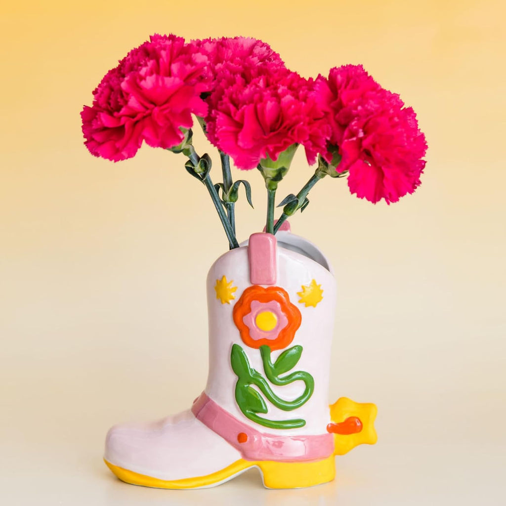 ban.do Small Ceramic Cowboy Boot Vase, Giddy Up | Cute Petite Cowgirl Boot, Colorful Ceramic Shelf Decor for Home or Office, Unique/Quirky/Funky/Fun Flower Vase or Pencil Cup