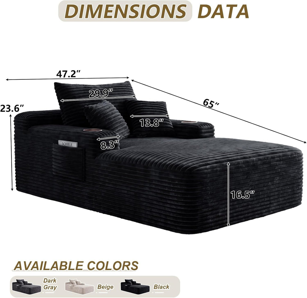 65" L Oversized Chaise Lounge Chair Indoor,Comfy Boneless Reading Chair with Cup Holder & Side Pockets,Corduroy Fabric Single Cloud Sofa Chair for Living Room & Bedroom,No Assembly, Black