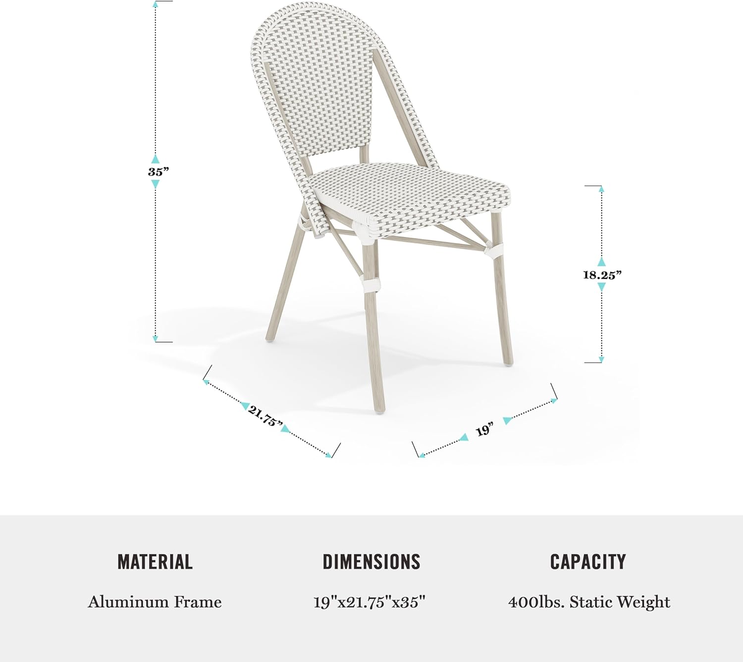Martha Stewart Lily Pond Indoor-Outdoor Stackable Aluminum Bistro Chair with Gray Woodgrain Frame Finish and White/Gray Woven Rattan Backrest and Seat