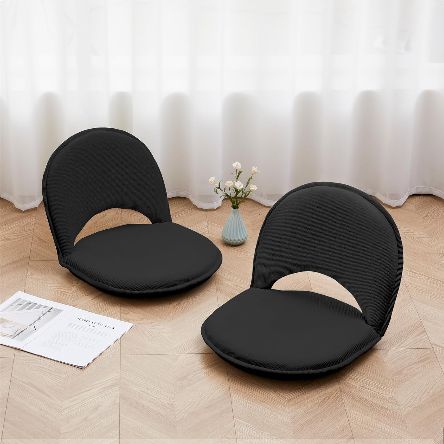 YOUKEEEJOJO Floor Chair 5-Position Adjustable Back Support Chair Foldable Camping,Video-Gaming Reading Watching, Upholstered Meditation Convenient Seat(2,Black)