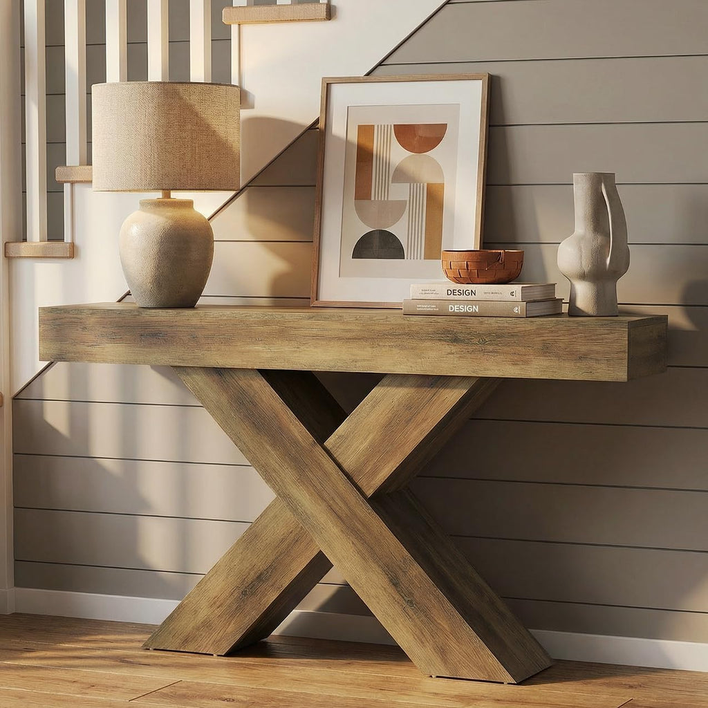 LITTLE TREE Entryway Table, 55" Narrow Console Table, Industrial Entryway Table with X-Shaped Legs, Narrow Sofa Hallway Foyer Table for Living Room, Entryway, Foyer, Rustic Brown
