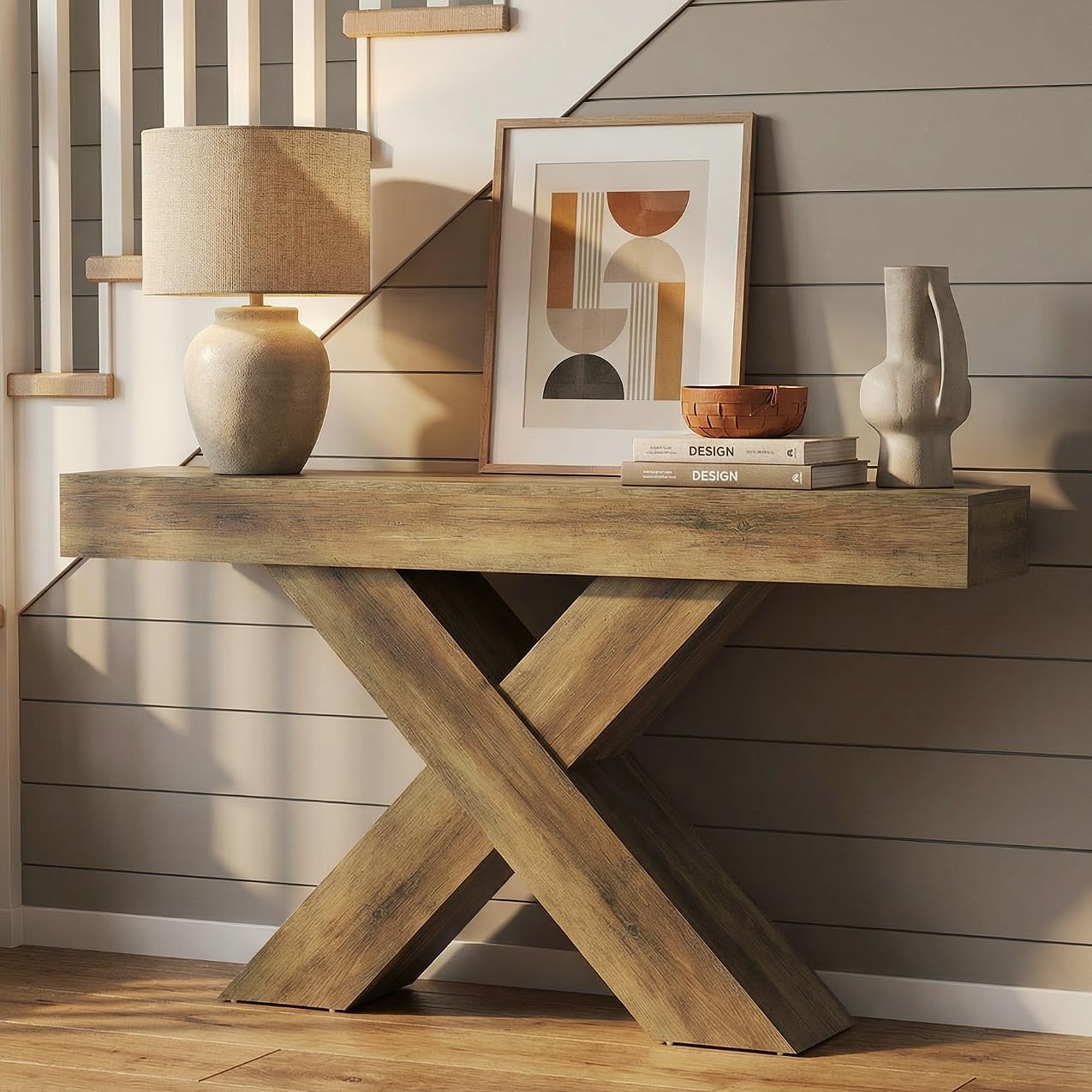 LITTLE TREE Entryway Table, 55" Narrow Console Table, Industrial Entryway Table with X-Shaped Legs, Narrow Sofa Hallway Foyer Table for Living Room, Entryway, Foyer, Rustic Brown