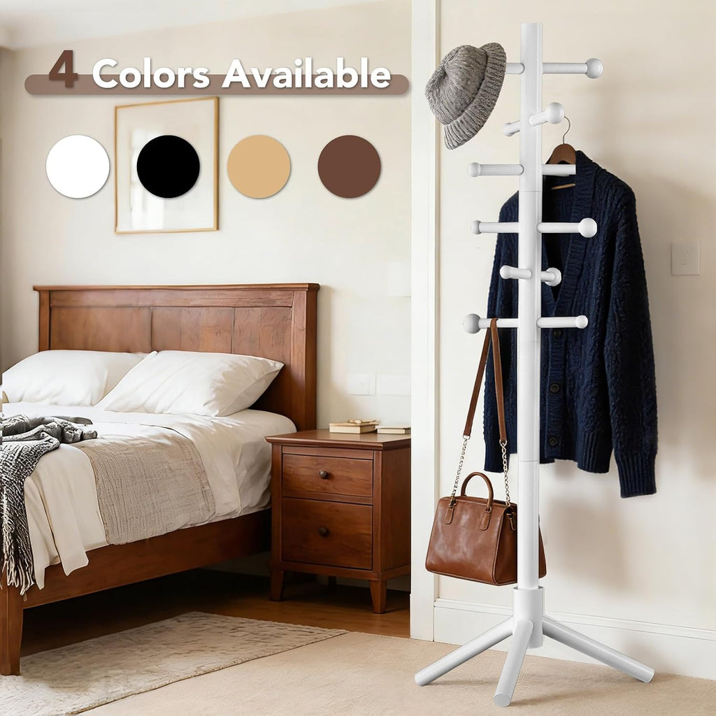 Wooden Coat Rack Freestanding with 12 Hooks 3 Adjustable Heights，Standing Coat Rack Tree for Hat and Coat Rack for Small Spaces Entryway,Office,Bedroom,White