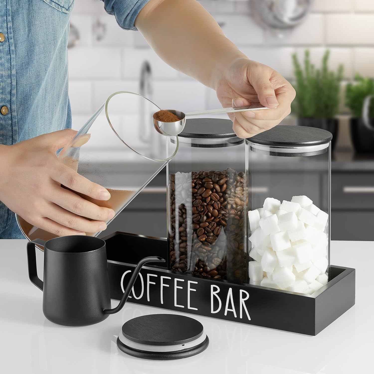 Glass Coffee Canister for Ground Coffee - 3Pcs 45oz Coffee and Sugar Container Set with Airtight Bamboo Lids and Black Tray - Farmhouse Coffee Bean Storage Jars for Coffee Bar Decor and Accessories